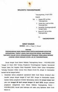 Walikota Keluarkan Edaran Perpanjangan Masa Pengaturan Penyelenggaraan Kegiatan Operasional Tempat Usaha dan Kegiatan Sosial