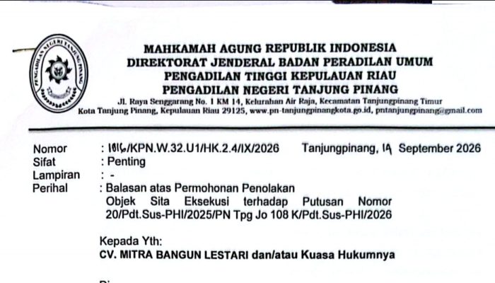 PN Tanjungpinang Beri Waktu 14 Hari, CV Mitra Bangun Lestari Diminta Buktikan Kepemilikan Pihak Ketiga